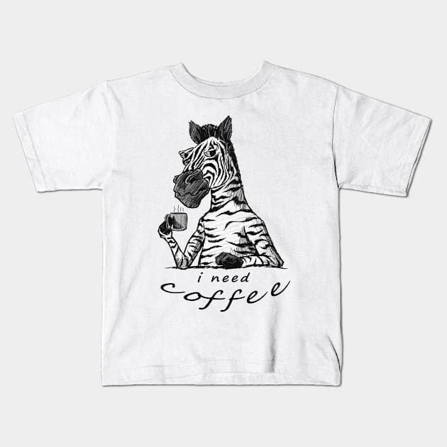 The zebra drinks coffee, I need coffee Kids T-Shirt by Picasso_design1995